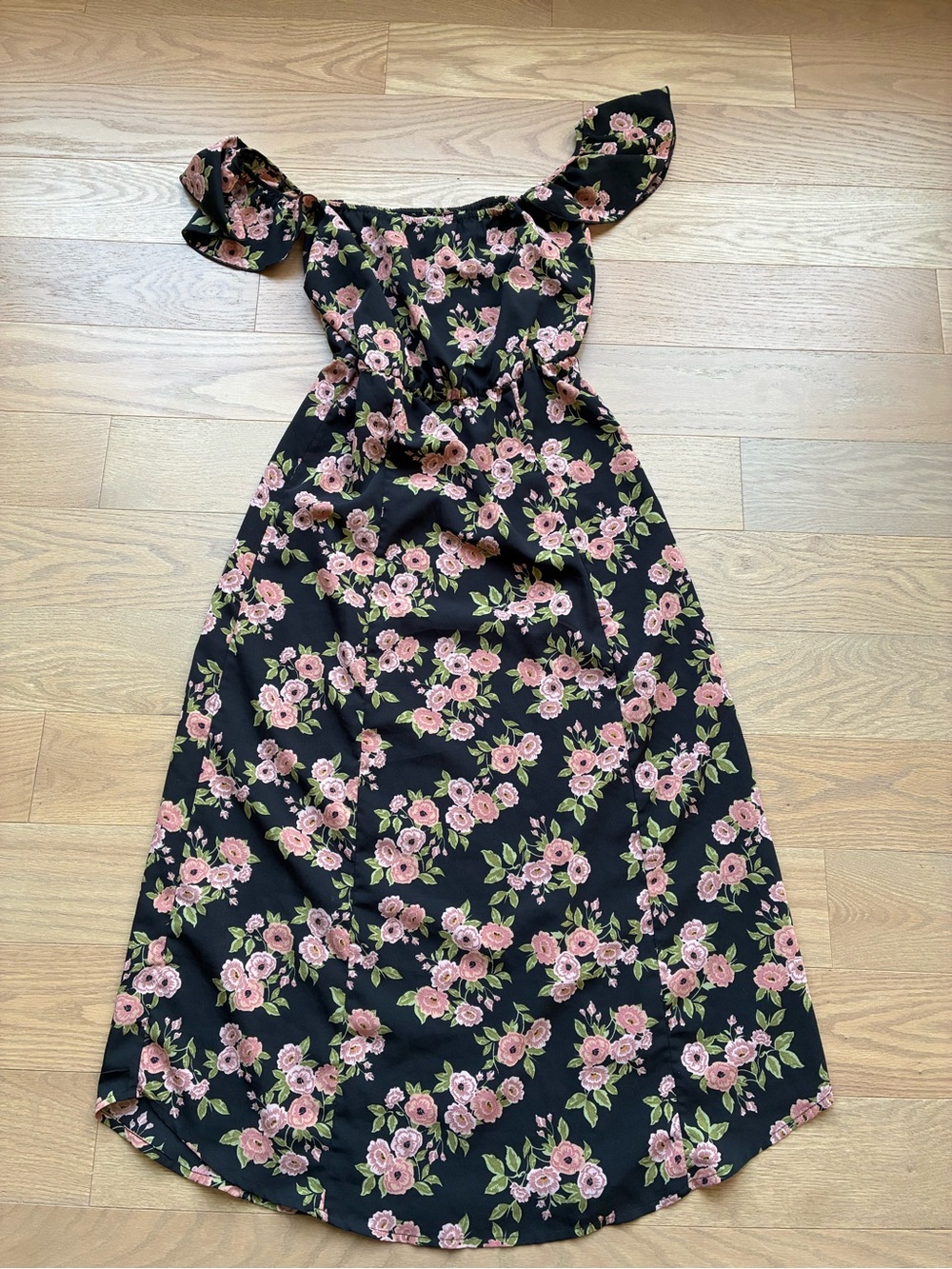 Amuse Society Floral Maxi Dress Women’s S Black Pink Off Shoulder Ruffle